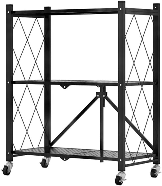 Carla Home 3 Tier Foldable Storage Shelf With Wheels For Kitchen Garage Pantry Or Basement (Black) Other Kitchen Storage