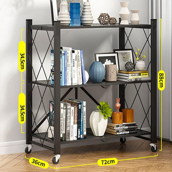 Carla Home 3 Tier Foldable Storage Shelf With Wheels For Kitchen Garage Pantry Or Basement (Black) Other Kitchen Storage