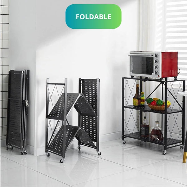 Carla Home 3 Tier Foldable Storage Shelf With Wheels For Kitchen Garage Pantry Or Basement (Black) Other Kitchen Storage