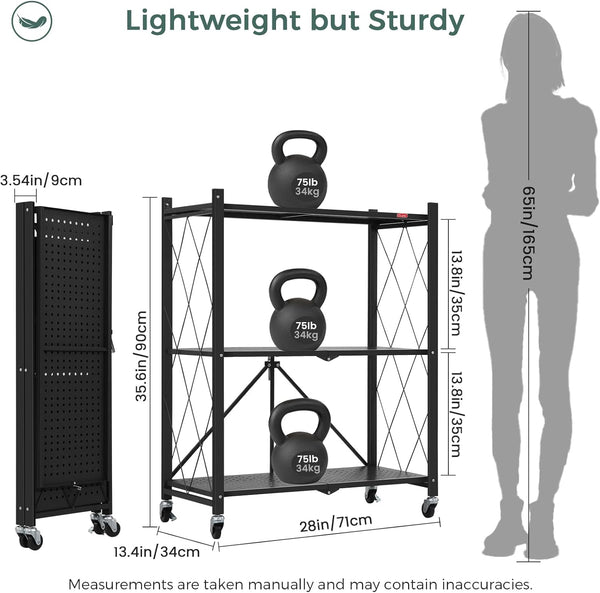Carla Home 3 Tier Foldable Storage Shelf With Wheels For Kitchen Garage Pantry Or Basement (Black) Other Kitchen Storage