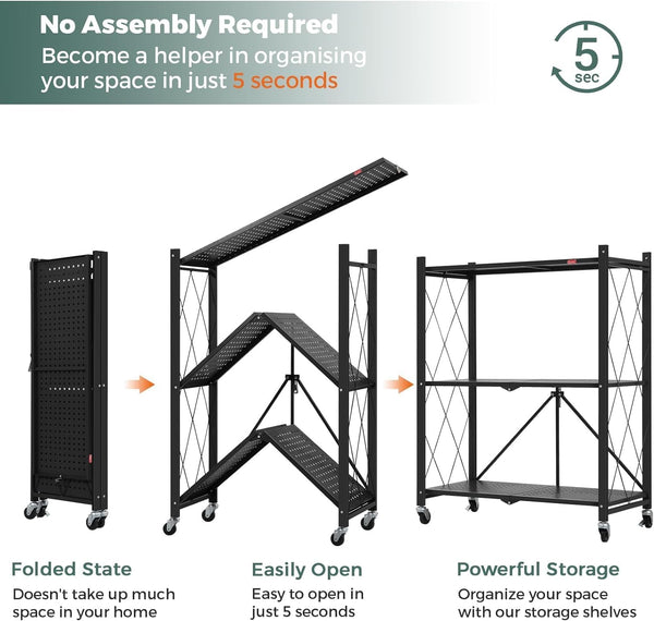 Carla Home 3 Tier Foldable Storage Shelf With Wheels For Kitchen Garage Pantry Or Basement (Black) Other Kitchen Storage
