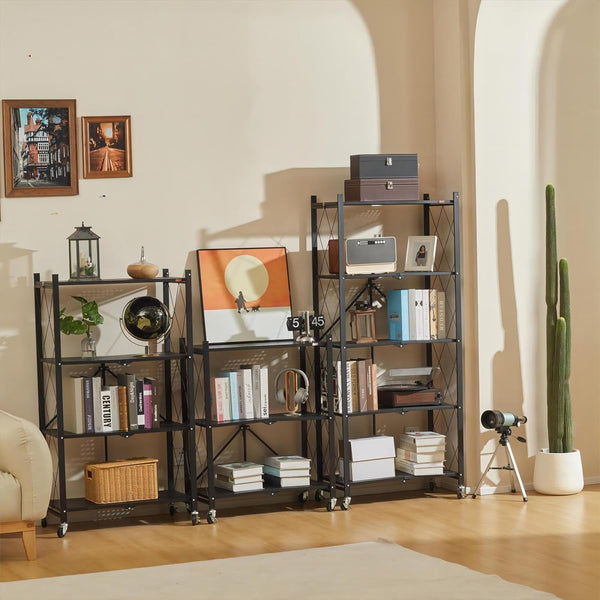 Carla Home 3 Tier Foldable Storage Shelf With Wheels For Kitchen Garage Pantry Or Basement (Black) Other Kitchen Storage