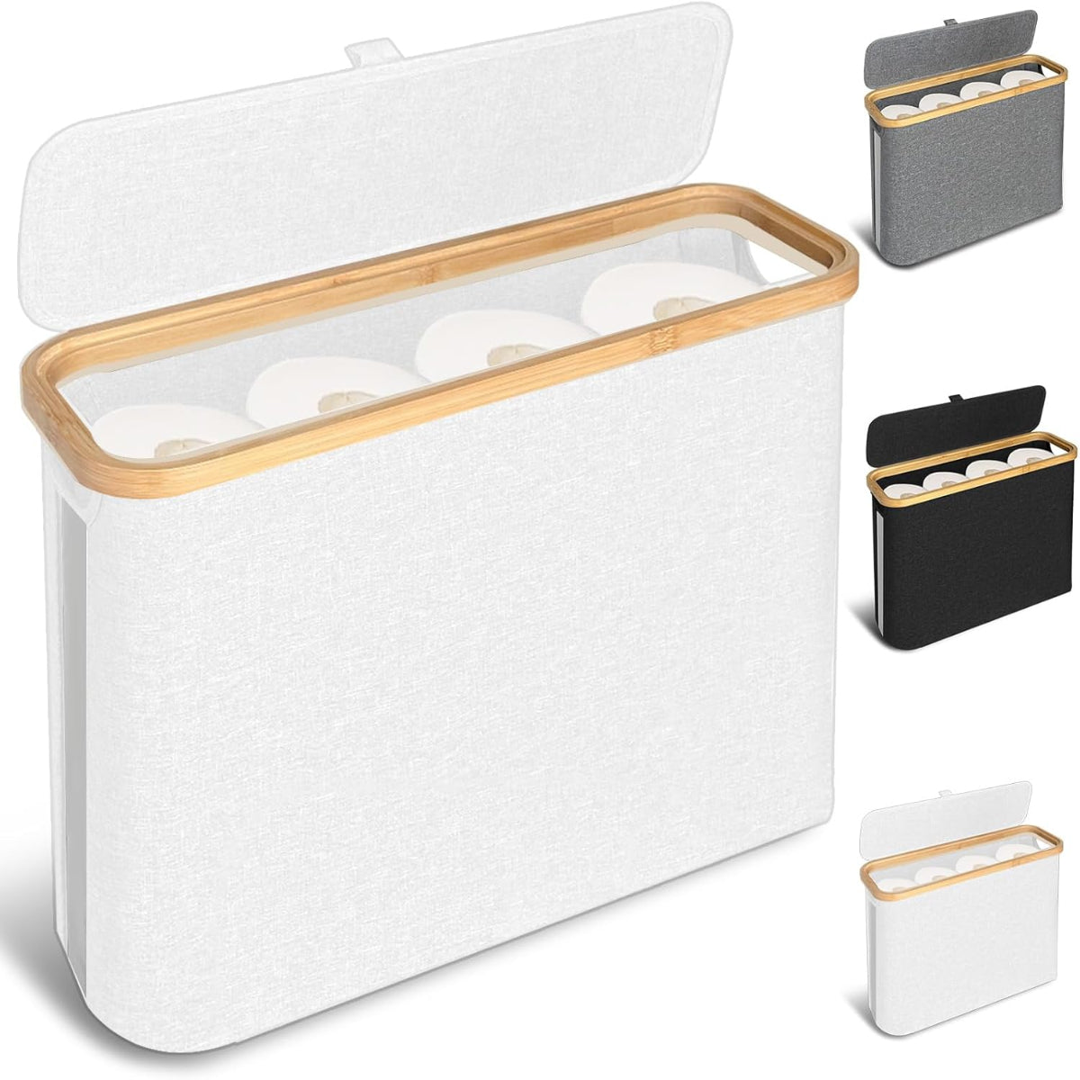 Carla Home Toilet Paper Storage Basket Holds Up 12 Rolls With Bamboo Lid And Handle For Rv Closet (White) Toilet Paper Holders & Storage