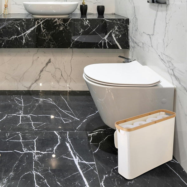 Carla Home Toilet Paper Storage Basket Holds Up 12 Rolls With Bamboo Lid And Handle For Rv Closet (White) Toilet Paper Holders & Storage