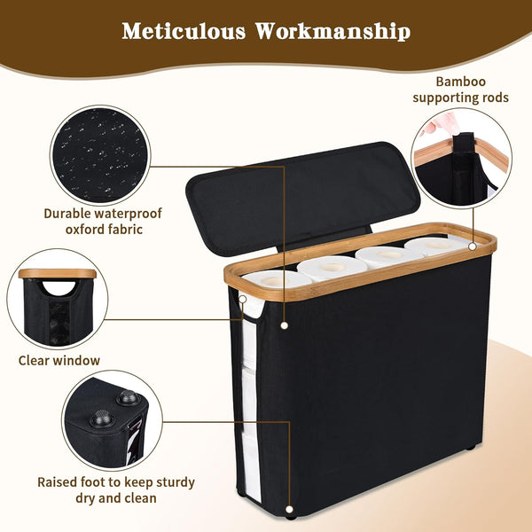 Carla Home Toilet Paper Storage Basket Holds Up 12 Rolls With Bamboo Lid And Handle For Rv Closet (Black) Toilet Paper Holders & Storage