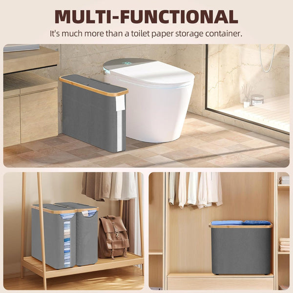 Carla Home Toilet Paper Storage Basket Holds Up 12 Rolls With Bamboo Lid And Handle For Rv Closet (Grey) Toilet Paper Holders & Storage