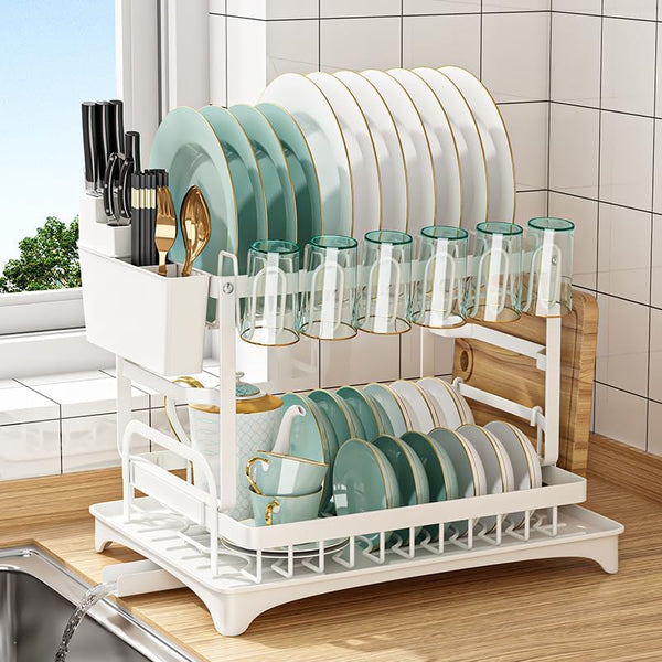 Carla Home 2 Tier Dish Drying Rack With Drainage Tray Utensil Holder Cup Hooks & Cutting Board Slot For Countertop Kitchen Storage (White) Other Kitch