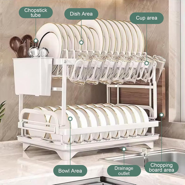 Carla Home 2 Tier Dish Drying Rack With Drainage Tray Utensil Holder Cup Hooks & Cutting Board Slot For Countertop Kitchen Storage (White) Other Kitch