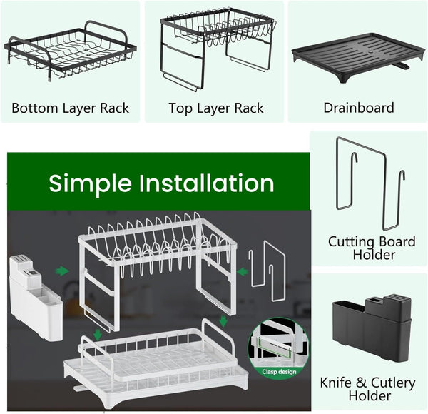 Carla Home 2 Tier Dish Drying Rack With Drainage Tray Utensil Holder Cup Hooks & Cutting Board Slot For Countertop Kitchen Storage (White) Other Kitch