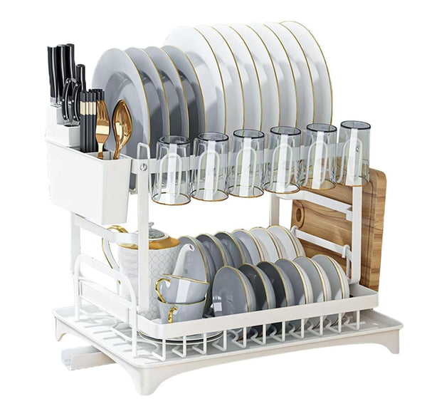 Carla Home 2 Tier Dish Drying Rack With Drainage Tray Utensil Holder Cup Hooks & Cutting Board Slot For Countertop Kitchen Storage (White) Other Kitch