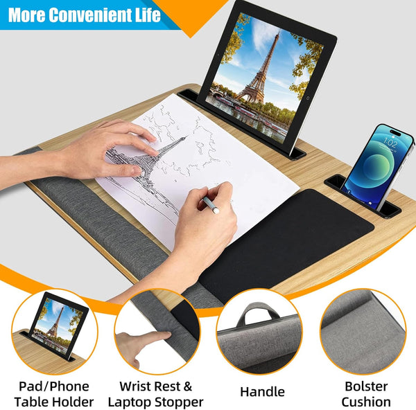 Carla Home Oversized Portable Lap Desk With Cushionmouse Pad Tablet And Phone Holder Which Fits Up To 17 Inch Laptops For Bed Or Sofa (Brown) Laptop D