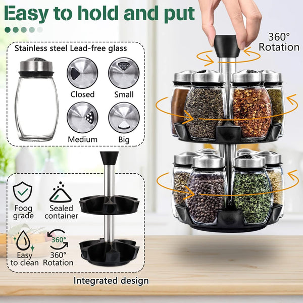 Carla Home Rotating Spice Rack Organizer With 16 Glass Jars For Kitchen Seasoning And Herb Storage Spice Jars & Racks