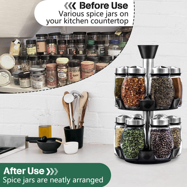 Carla Home Rotating Spice Rack Organizer With 16 Glass Jars For Kitchen Seasoning And Herb Storage Spice Jars & Racks
