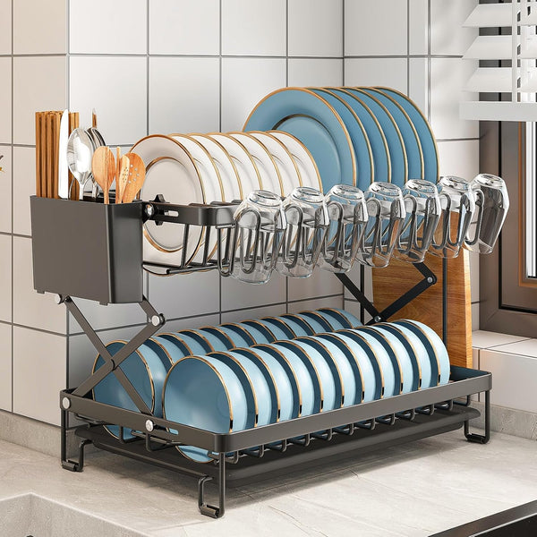Carla Home 2 Tier Dish Drying Rack With Drainage Tray Utensil Holder Cup Hooks & Cutting Board For Kitchen (Black) Other Kitchen Storage