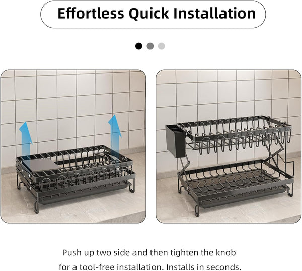 Carla Home 2 Tier Dish Drying Rack With Drainage Tray Utensil Holder Cup Hooks & Cutting Board For Kitchen (Black) Other Kitchen Storage