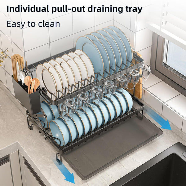 Carla Home 2 Tier Dish Drying Rack With Drainage Tray Utensil Holder Cup Hooks & Cutting Board For Kitchen (Black) Other Kitchen Storage