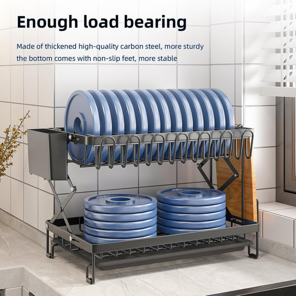 Carla Home 2 Tier Dish Drying Rack With Drainage Tray Utensil Holder Cup Hooks & Cutting Board For Kitchen (Black) Other Kitchen Storage