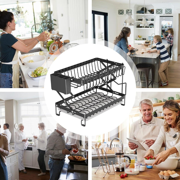 Carla Home 2 Tier Dish Drying Rack With Drainage Tray Utensil Holder Cup Hooks & Cutting Board For Kitchen (Black) Other Kitchen Storage