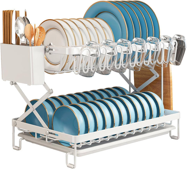 Carla Home 2 Tier Dish Drying Rack With Drainage Tray Utensil Holder Cup Hooks & Cutting Board For Kitchen (White) Other Kitchen Storage