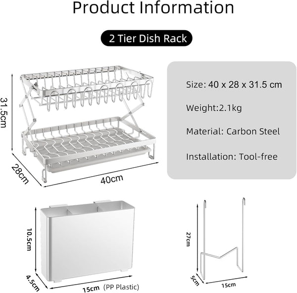 Carla Home 2 Tier Dish Drying Rack With Drainage Tray Utensil Holder Cup Hooks & Cutting Board For Kitchen (White) Other Kitchen Storage