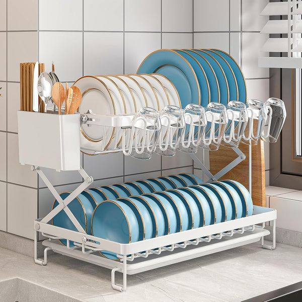 Carla Home 2 Tier Dish Drying Rack With Drainage Tray Utensil Holder Cup Hooks & Cutting Board For Kitchen (White) Other Kitchen Storage