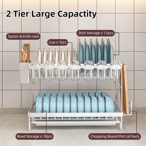 Carla Home 2 Tier Dish Drying Rack With Drainage Tray Utensil Holder Cup Hooks & Cutting Board For Kitchen (White) Other Kitchen Storage