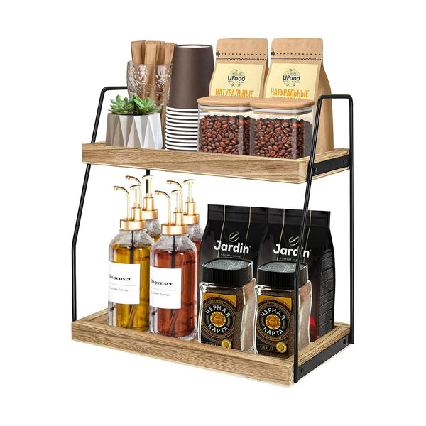 Carla Home 2 Tier Wooden Coffee Station Rack Organiser For Bar Condiments Syrups Storage Jars & Spice Shelf Spice Jars & Racks