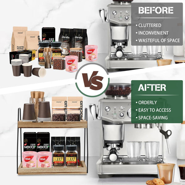 Carla Home 2 Tier Wooden Coffee Station Rack Organiser For Bar Condiments Syrups Storage Jars & Spice Shelf Spice Jars & Racks