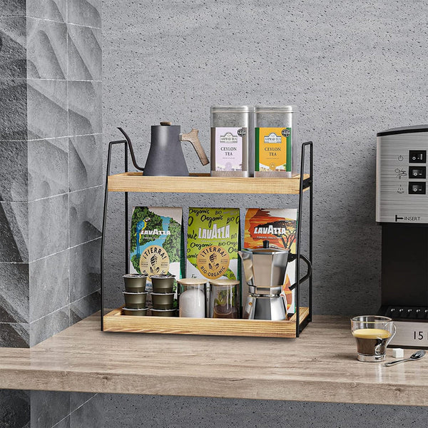 Carla Home 2 Tier Wooden Coffee Station Rack Organiser For Bar Condiments Syrups Storage Jars & Spice Shelf Spice Jars & Racks