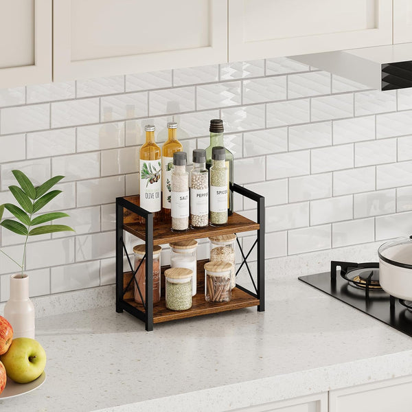 Carla Home 2 Tier Countertop Shelf Organizer Rustic Wood Kitchen Spice Rack For Storage Condiments & Cabinet Organization Spice Jars & Racks