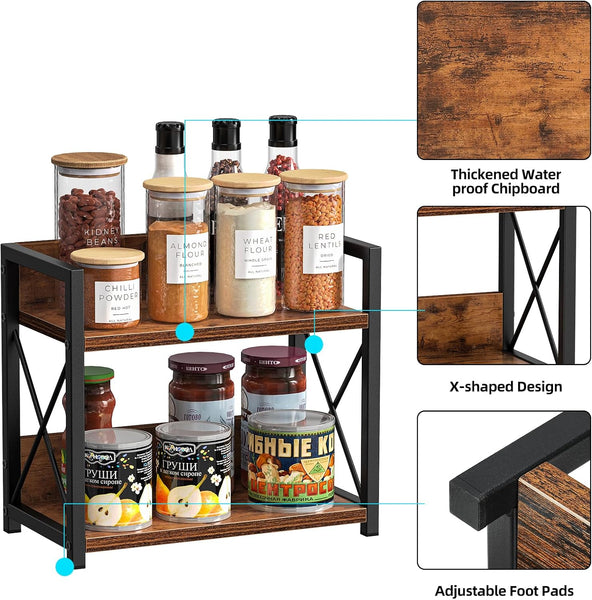 Carla Home 2 Tier Countertop Shelf Organizer Rustic Wood Kitchen Spice Rack For Storage Condiments & Cabinet Organization Spice Jars & Racks