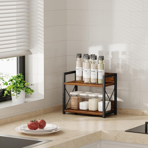 Carla Home 2 Tier Countertop Shelf Organizer Rustic Wood Kitchen Spice Rack For Storage Condiments & Cabinet Organization Spice Jars & Racks