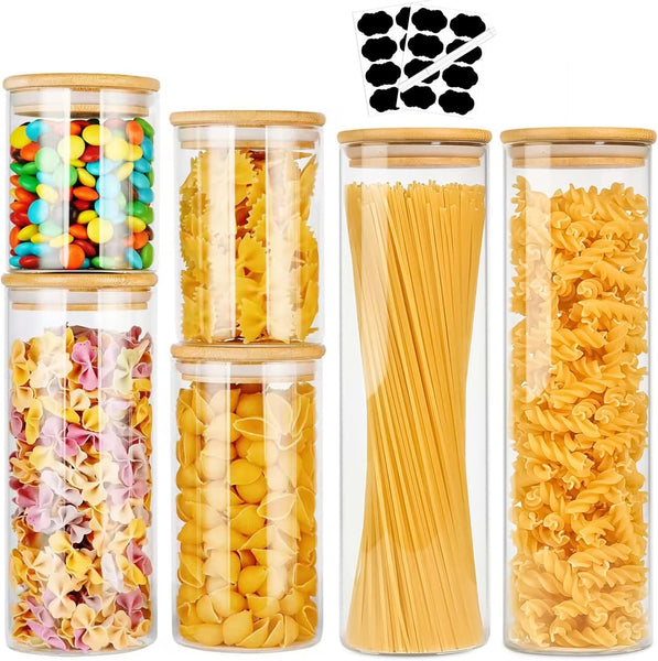 Carla Home 6 Pack Glass Storage Jars With Bamboo Lids For Kitchen Pantry Pasta Snacks Cookies Candy & More Food Storage Containers
