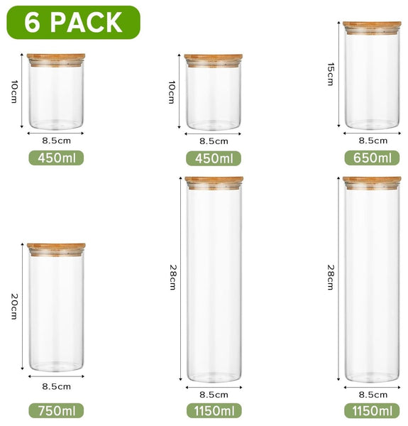 Carla Home 6 Pack Glass Storage Jars With Bamboo Lids For Kitchen Pantry Pasta Snacks Cookies Candy & More Food Storage Containers