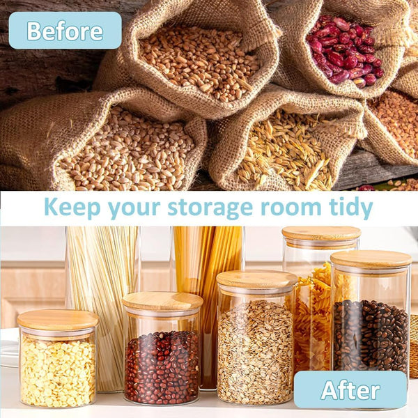 Carla Home 6 Pack Glass Storage Jars With Bamboo Lids For Kitchen Pantry Pasta Snacks Cookies Candy & More Food Storage Containers