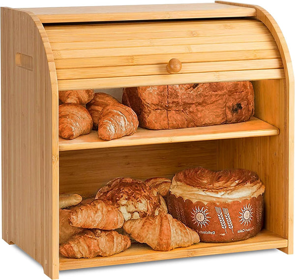 Carla Home Large Bamboo Bread Box Storage Organizer With Roll Top For Kitchen Counter Bread Bins