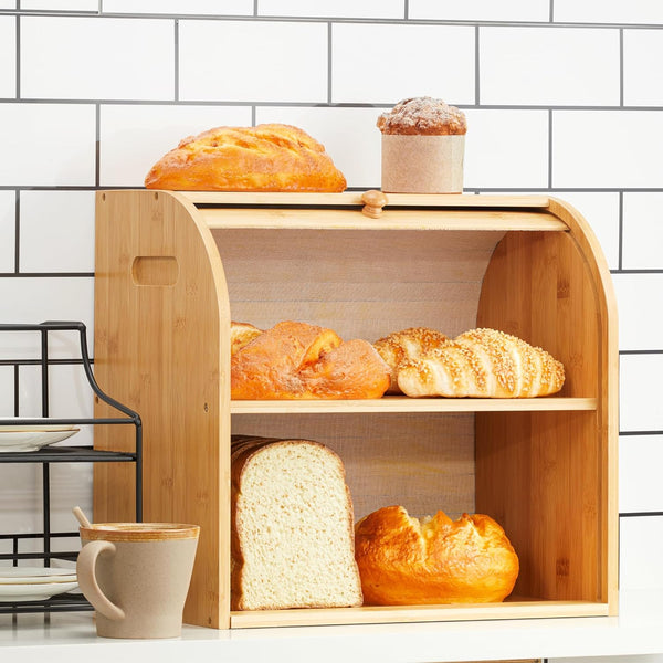 Carla Home Large Bamboo Bread Box Storage Organizer With Roll Top For Kitchen Counter Bread Bins