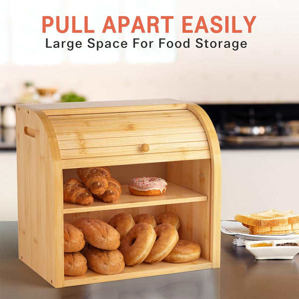 Carla Home Large Bamboo Bread Box Storage Organizer With Roll Top For Kitchen Counter Bread Bins