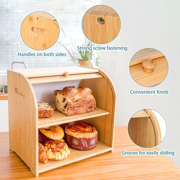 Carla Home Large Bamboo Bread Box Storage Organizer With Roll Top For Kitchen Counter Bread Bins