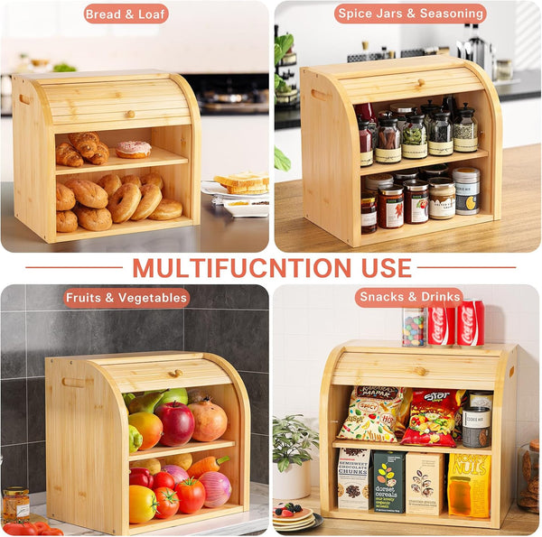 Carla Home Large Bamboo Bread Box Storage Organizer With Roll Top For Kitchen Counter Bread Bins