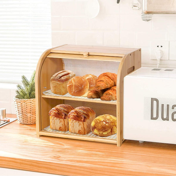 Carla Home Large Bamboo Bread Box Storage Organizer With Roll Top For Kitchen Counter Bread Bins