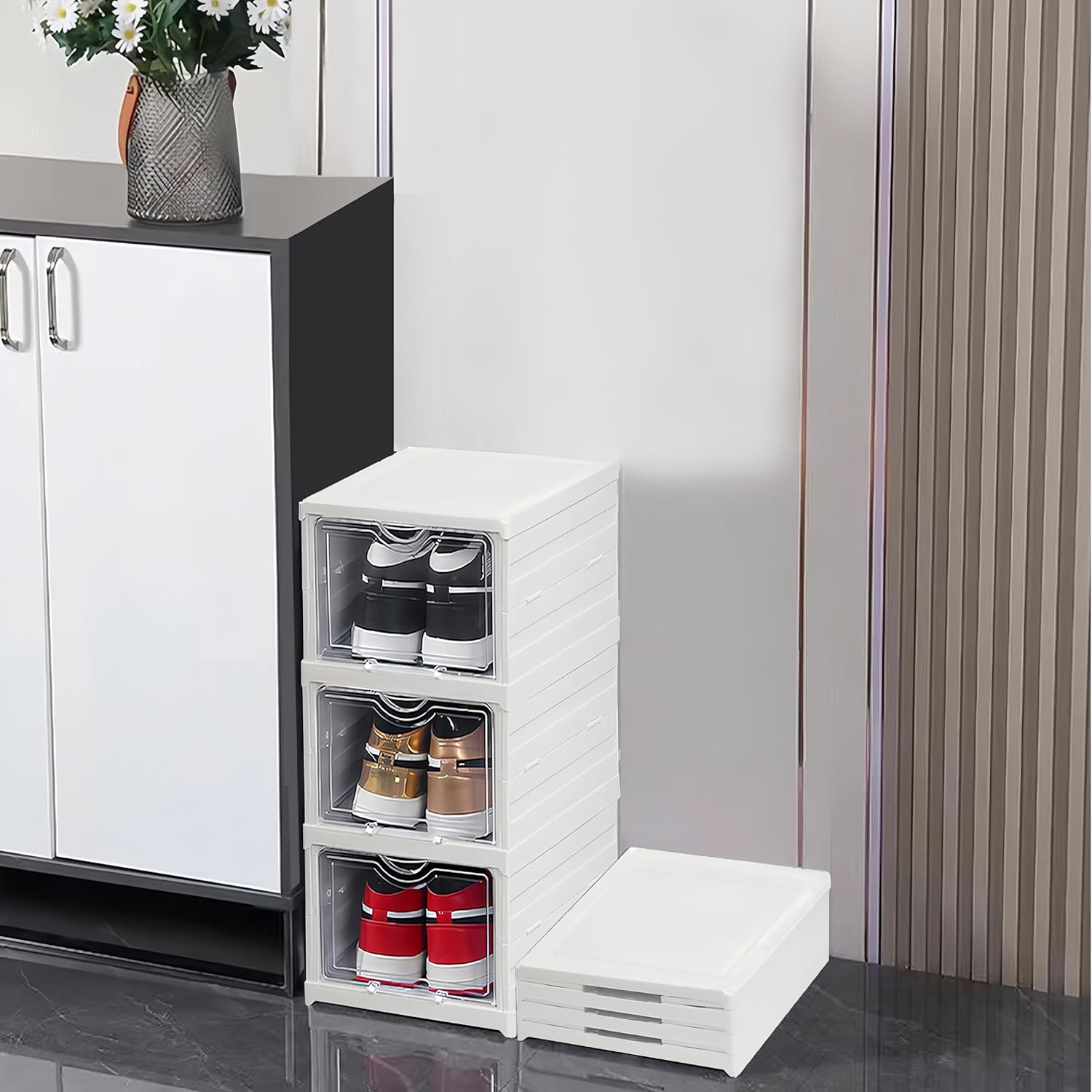 Carla Home 3 Tier Stackable Shoe Storage Box Organizer With Clear Door For Closet Entryway Cabinet Shoe Organisers