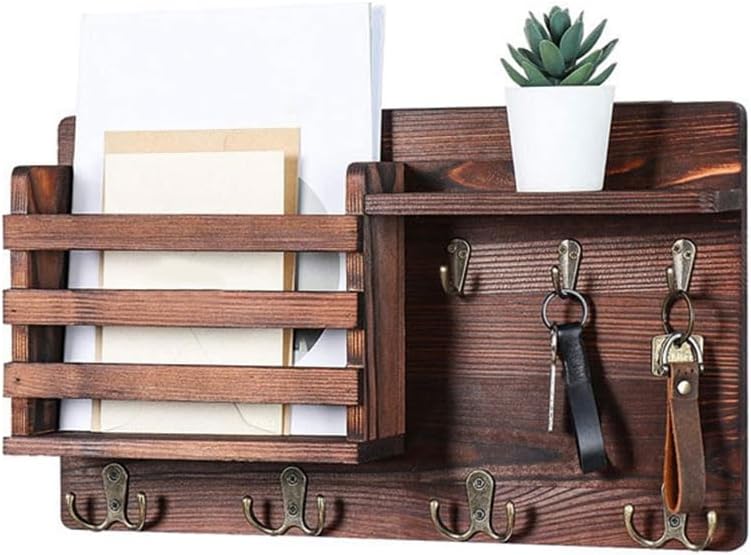 Carla Home Rustic Wood Wall Mounted Key And Mail Holder Organizer With Shelf Letter Slot & 6 Hooks For Entryway Decor Hooks & Hangers