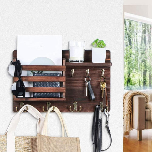 Carla Home Rustic Wood Wall Mounted Key And Mail Holder Organizer With Shelf Letter Slot & 6 Hooks For Entryway Decor Hooks & Hangers