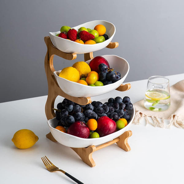 Carla Home 3 Tier Ceramic Fruit Bowl Basket With Bamboo Stand For Kitchen Counter Snack Tray Dessert Server & Vegetable Storage Rack Other Kitchen Sto