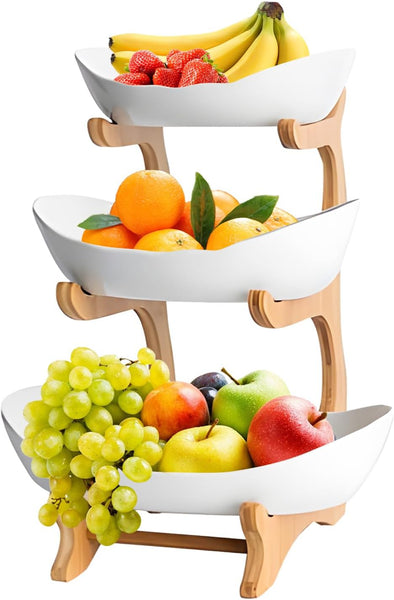 Carla Home 3 Tier Ceramic Fruit Bowl Basket With Bamboo Stand For Kitchen Counter Snack Tray Dessert Server & Vegetable Storage Rack Other Kitchen Sto