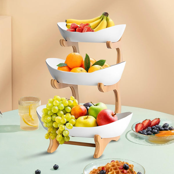 Carla Home 3 Tier Ceramic Fruit Bowl Basket With Bamboo Stand For Kitchen Counter Snack Tray Dessert Server & Vegetable Storage Rack Other Kitchen Sto