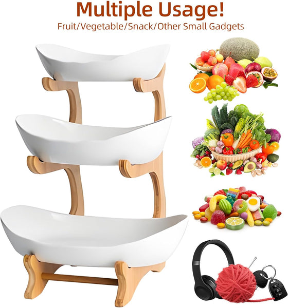 Carla Home 3 Tier Ceramic Fruit Bowl Basket With Bamboo Stand For Kitchen Counter Snack Tray Dessert Server & Vegetable Storage Rack Other Kitchen Sto