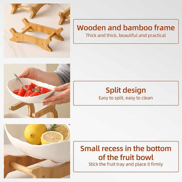 Carla Home 3 Tier Ceramic Fruit Bowl Basket With Bamboo Stand For Kitchen Counter Snack Tray Dessert Server & Vegetable Storage Rack Other Kitchen Sto