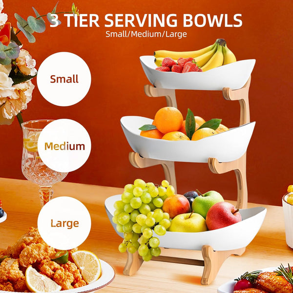Carla Home 3 Tier Ceramic Fruit Bowl Basket With Bamboo Stand For Kitchen Counter Snack Tray Dessert Server & Vegetable Storage Rack Other Kitchen Sto